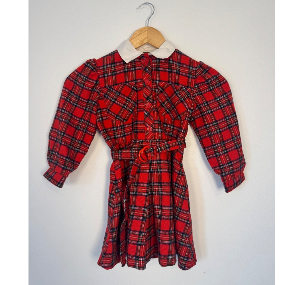 Vintage Plaid Kinderbekleidung Dress Kids Size 110 Red Tartan‎ Peter Pan Collar